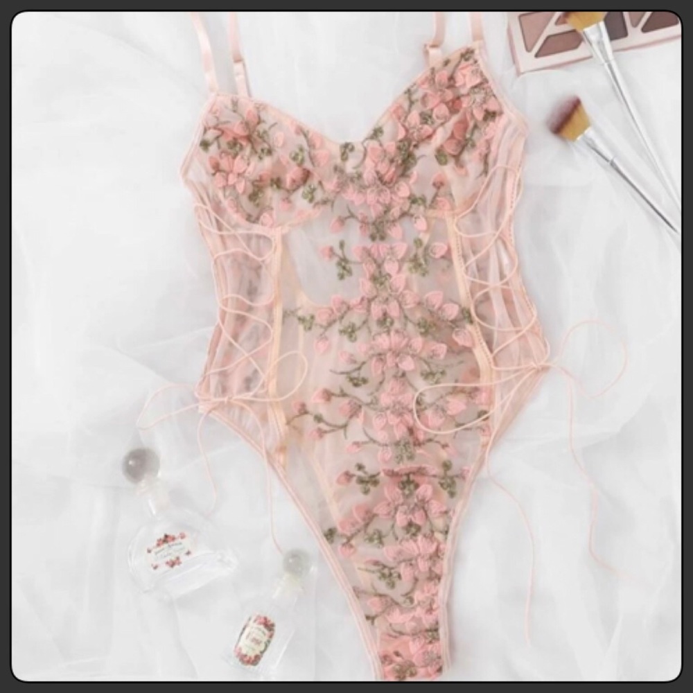 New Floral Embroidered Mesh Lace Up Teddy Bodysuit